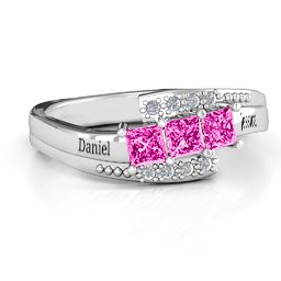 Triple Princess Stone Ring with Accents in 925 Sterling Silver with Pink Tourmaline