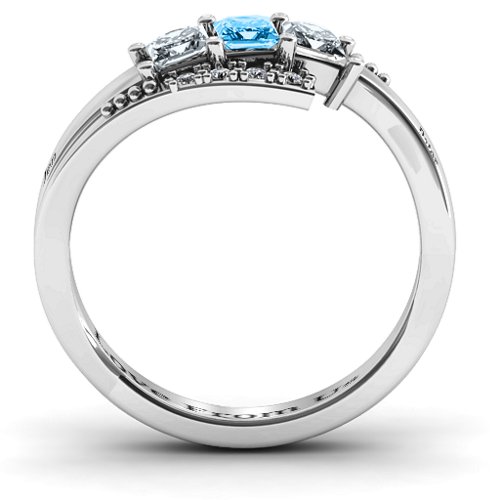 Triple Princess Stone Ring with Accents – Sterling Silver with Cubic Zirconia and Blue Topaz