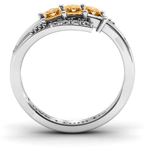Triple Princess Stone Ring with Accents – Sterling Silver with Citrine and Cubic Zirconia