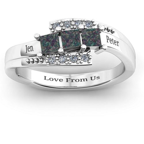 Triple Princess Stone Ring with Accents – Sterling Silver with Alexandrite and Cubic Zirconia