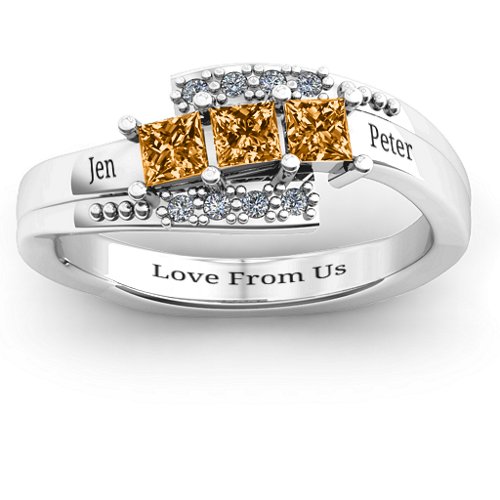 Triple Princess Stone Ring with Accents – Sterling Silver with Citrine and Cubic Zirconia
