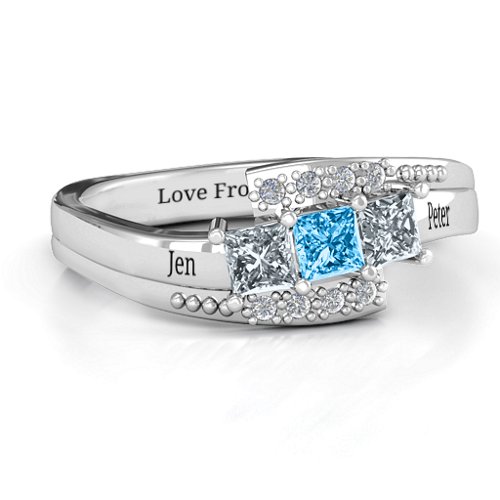 Triple Princess Stone Ring with Accents – Sterling Silver with Cubic Zirconia and Blue Topaz