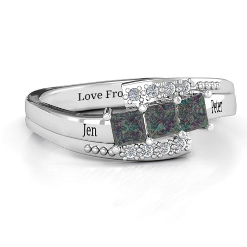 Triple Princess Stone Ring with Accents – Sterling Silver with Alexandrite and Cubic Zirconia
