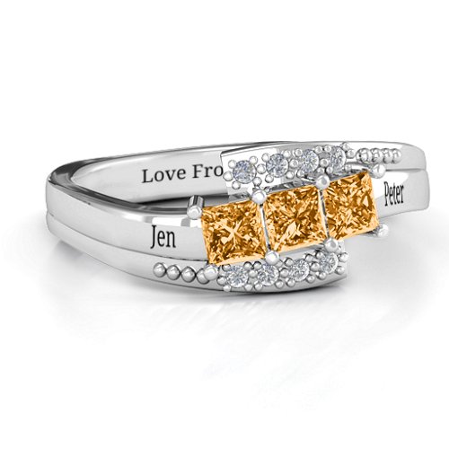 Triple Princess Stone Ring with Accents – Sterling Silver with Citrine and Cubic Zirconia