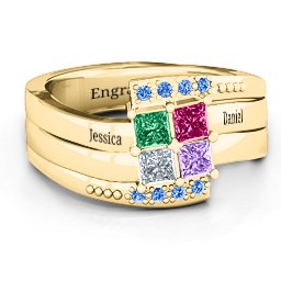 Quad Princess Stone Ring with Accents in 10K Solid Yellow Gold with Emerald, Ruby, Cubic Zirconia, Amethyst, and Fancy Blue Premium Zirconia