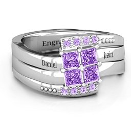 Quad Princess Stone Ring with Accents in 925 Sterling Silver with Amethyst and Amethyst Premium Zirconia
