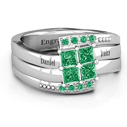 Quad Princess Stone Ring with Accents in 925 Sterling Silver with Emerald and Green Premium Zirconia