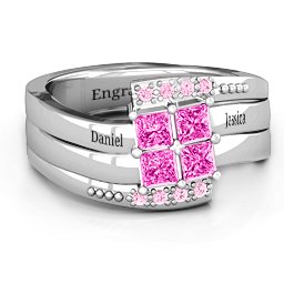 Quad Princess Stone Ring with Accents in 925 Sterling Silver with Pink Tourmaline and Fancy Pink Premium Zirconia