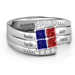 Quad Princess Stone Ring with Accents in 925 Sterling Silver with Blue Sapphire, Garnet, and White Premium Zirconia