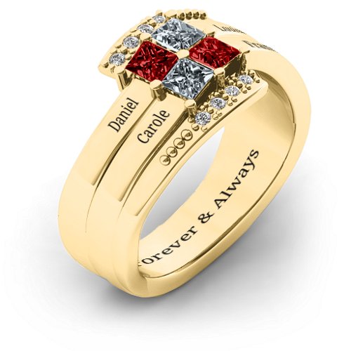 Quad Princess Stone Ring with Accents – 10K Yellow Gold with Garnet, Cubic Zirconia, and White Premium Zirconia