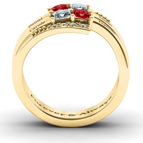 Quad Princess Stone Ring with Accents – 10K Yellow Gold with Garnet, Cubic Zirconia, and White Premium Zirconia