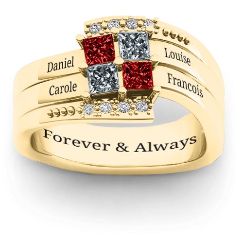 Quad Princess Stone Ring with Accents – 10K Yellow Gold with Garnet, Cubic Zirconia, and White Premium Zirconia