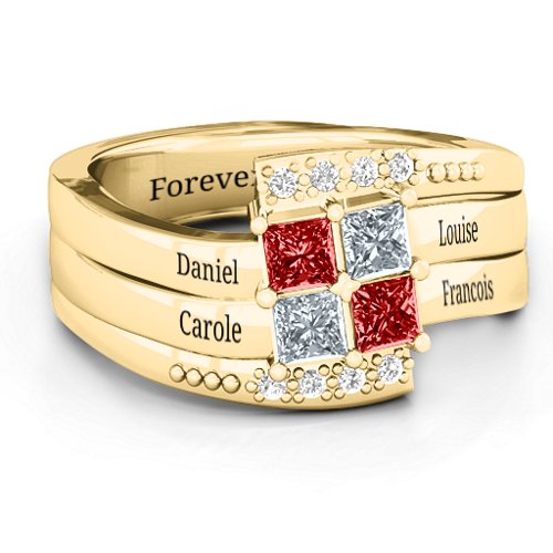 Quad Princess Stone Ring with Accents – 10K Yellow Gold with Garnet, Cubic Zirconia, and White Premium Zirconia