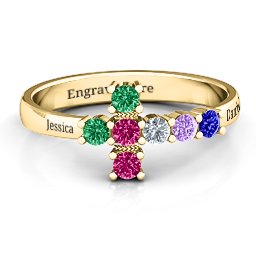 I Believe' Side Cross Ring in 10K Solid Yellow Gold with Emerald, Ruby, Cubic Zirconia, Amethyst, and Blue Sapphire
