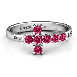 I Believe' Side Cross Ring in 925 Sterling Silver with Ruby