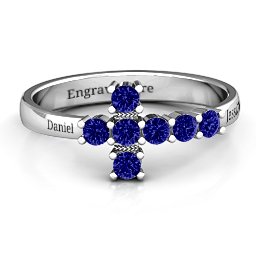 I Believe' Side Cross Ring in 925 Sterling Silver with Blue Sapphire