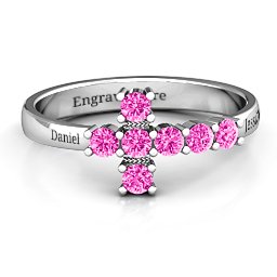 I Believe' Side Cross Ring in 925 Sterling Silver with Pink Tourmaline