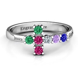 I Believe' Side Cross Ring in 925 Sterling Silver with Emerald, Ruby, Cubic Zirconia, Amethyst, and Blue Sapphire