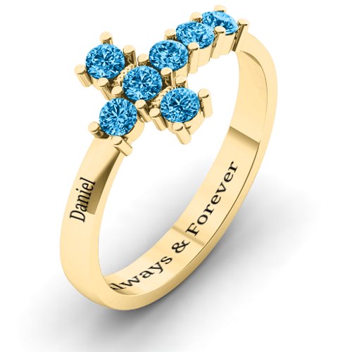 I Believe' Side Cross Ring – 10K Yellow Gold with Blue Topaz