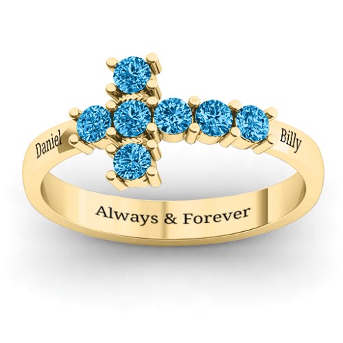 I Believe' Side Cross Ring – 10K Yellow Gold with Blue Topaz