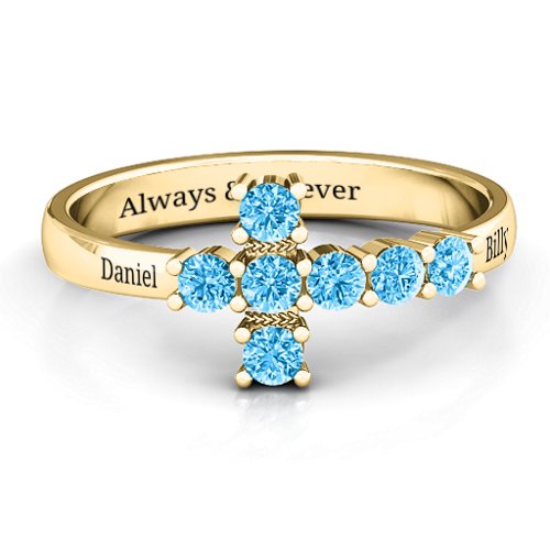 I Believe' Side Cross Ring – 10K Yellow Gold with Blue Topaz