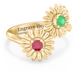Sunflower Birthstone Bypass Ring in 10K Solid Yellow Gold with Emerald and Ruby