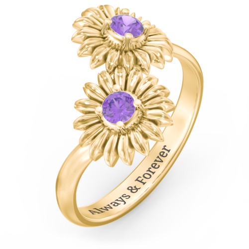 Sunflower Birthstone Bypass Ring – 10K Yellow Gold with Amethyst