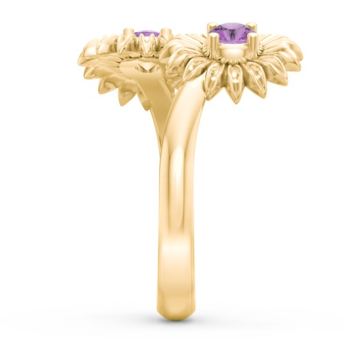 Sunflower Birthstone Bypass Ring – 10K Yellow Gold with Amethyst