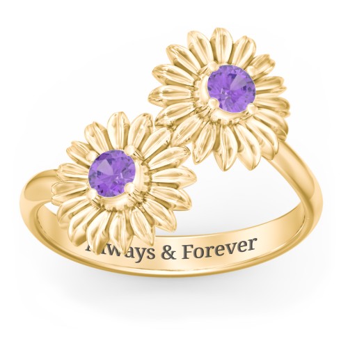 Sunflower Birthstone Bypass Ring – 10K Yellow Gold with Amethyst