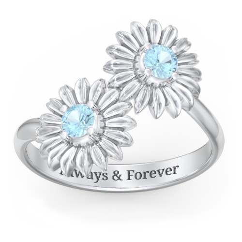 Sunflower Birthstone Bypass Ring – Sterling Silver with Blue Topaz