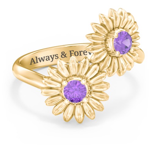 Sunflower Birthstone Bypass Ring – 10K Yellow Gold with Amethyst