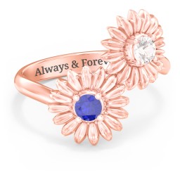 Sunflower Birthstone Bypass Ring in 10K Solid Rose Gold with Cubic Zirconia and Blue Sapphire