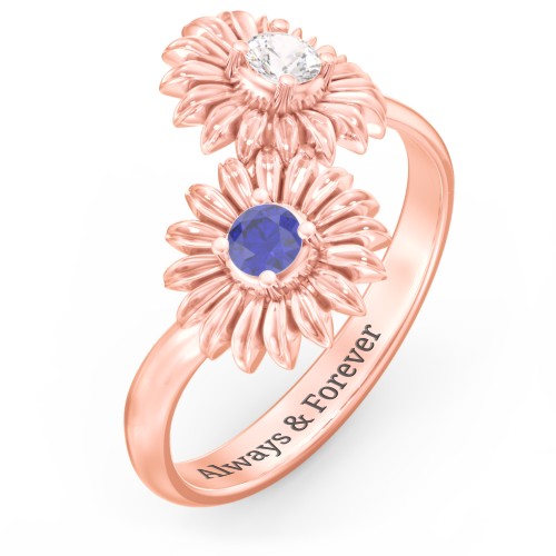 Sunflower Birthstone Bypass Ring – 10K Rose Gold with Cubic Zirconia and Blue Sapphire