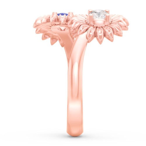 Sunflower Birthstone Bypass Ring – 10K Rose Gold with Cubic Zirconia and Blue Sapphire
