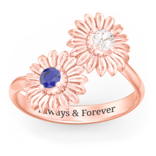 Sunflower Birthstone Bypass Ring – 10K Rose Gold with Cubic Zirconia and Blue Sapphire
