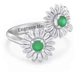 Sunflower Birthstone Bypass Ring in 925 Sterling Silver with Emerald