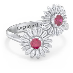 Sunflower Birthstone Bypass Ring in 925 Sterling Silver with Ruby