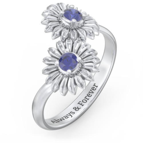 Sunflower Birthstone Bypass Ring – Sterling Silver with Blue Sapphire