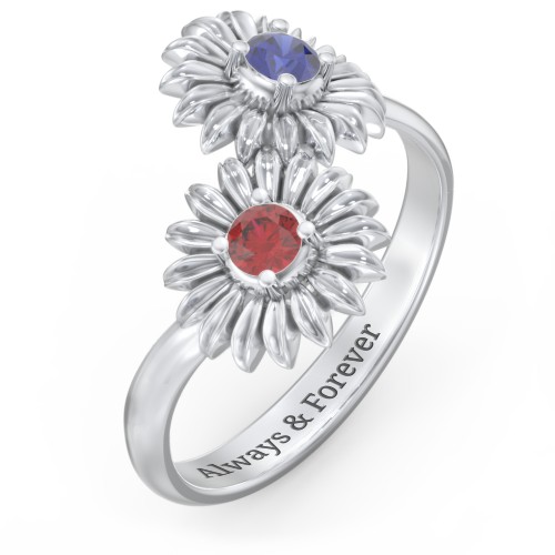 Sunflower Birthstone Bypass Ring – Sterling Silver with Blue Sapphire and Garnet