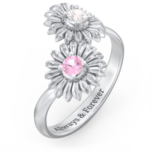 Sunflower Birthstone Bypass Ring – Sterling Silver with White Premium Zirconia and Pink Tourmaline