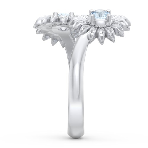 Sunflower Birthstone Bypass Ring – Sterling Silver with Aquamarine