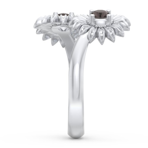 Sunflower Birthstone Bypass Ring – Sterling Silver with Smokey Quartz