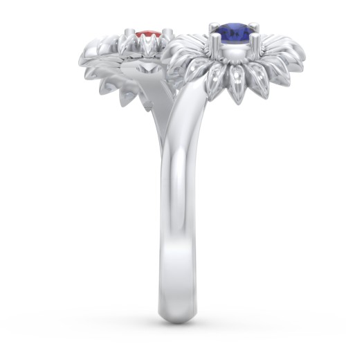 Sunflower Birthstone Bypass Ring – Sterling Silver with Blue Sapphire and Garnet