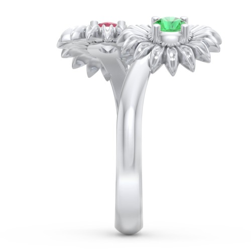 Sunflower Birthstone Bypass Ring – Sterling Silver with Emerald and Ruby