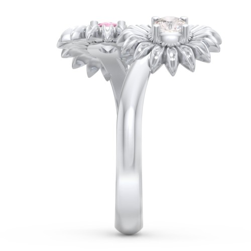 Sunflower Birthstone Bypass Ring – Sterling Silver with White Premium Zirconia and Pink Tourmaline