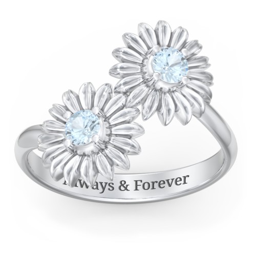 Sunflower Birthstone Bypass Ring – Sterling Silver with Aquamarine