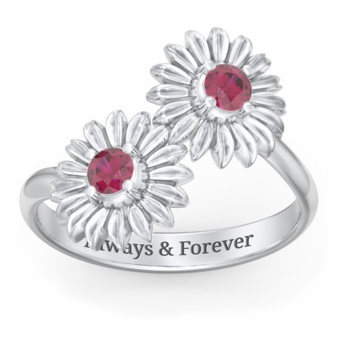Sunflower Birthstone Bypass Ring – Sterling Silver with Ruby