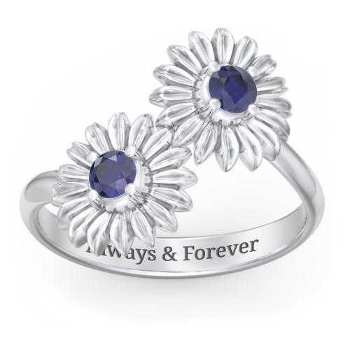 Sunflower Birthstone Bypass Ring – Sterling Silver with Blue Sapphire
