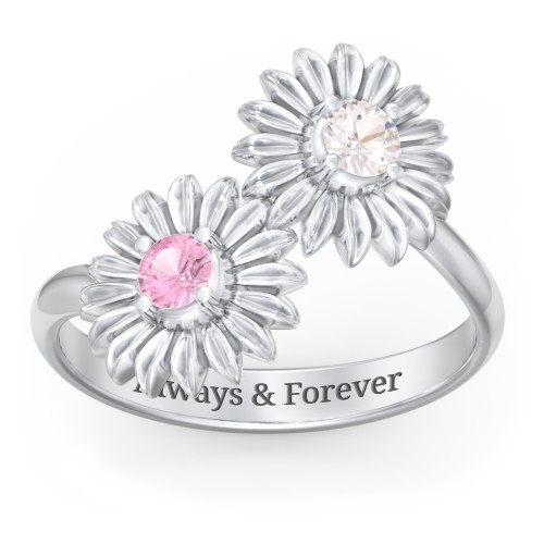 Sunflower Birthstone Bypass Ring – Sterling Silver with White Premium Zirconia and Pink Tourmaline