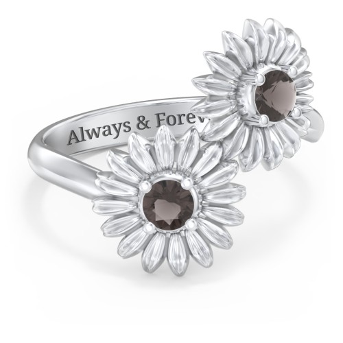 Sunflower Birthstone Bypass Ring – Sterling Silver with Smokey Quartz
